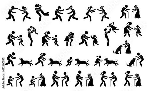 People running toward each other to hug after missing for a long time. Vector illustrations depict boyfriend, girlfriend, father, mother, child, grandfather, grandmother, friends, and dog meeting.