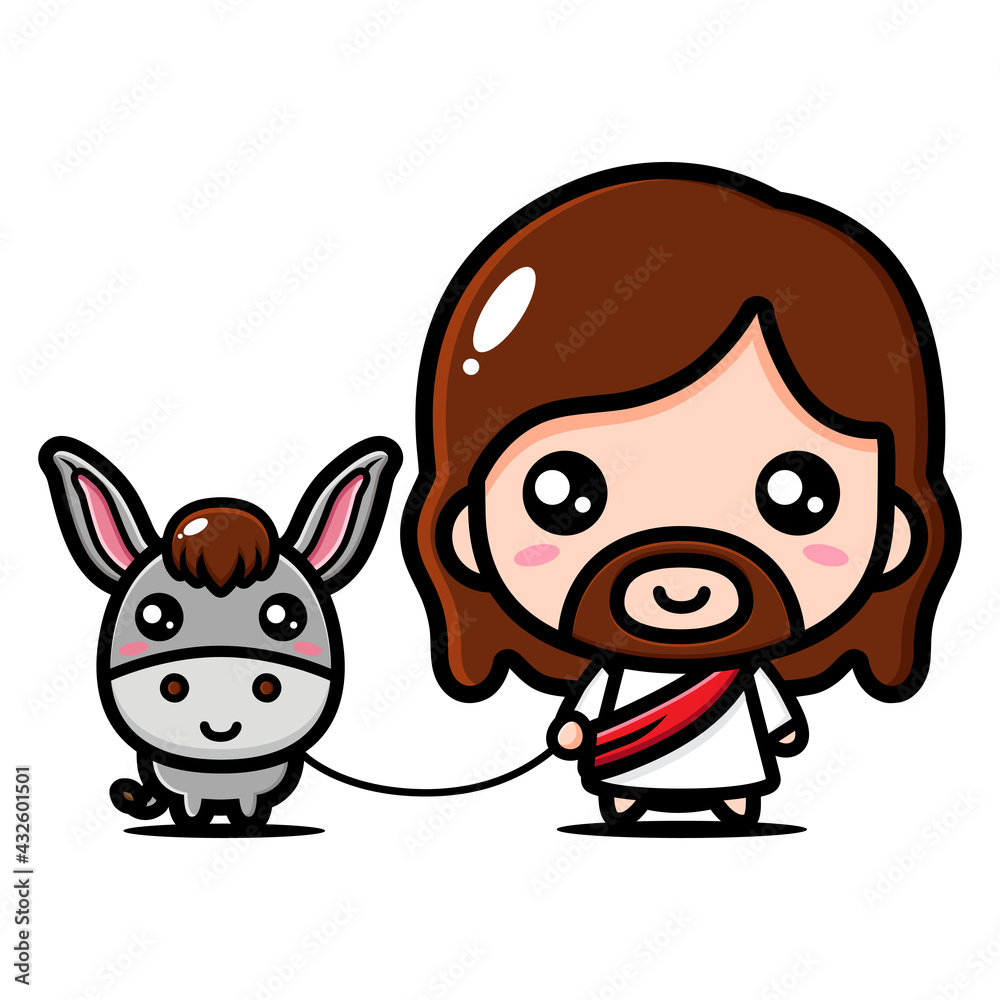 Fototapeta premium cute jesus cartoon character design is being with a donkey