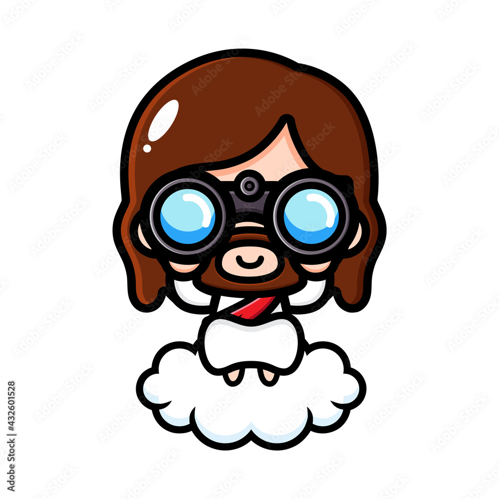 cute cartoon jesus character design sitting on a cloud wearing binoculars
