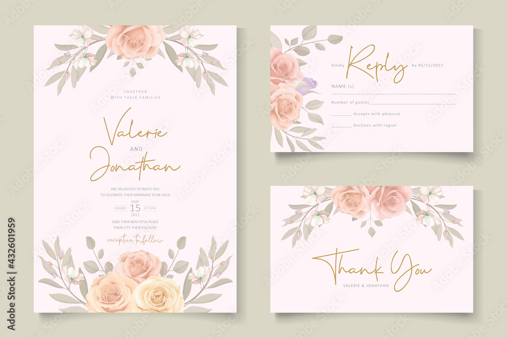 Set of hand drawn elegant floral wedding card template