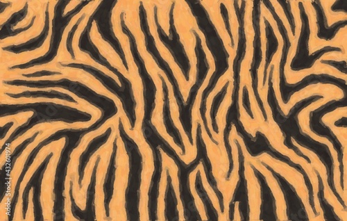 Tiger fur, orange stripes pattern. Animal print, skin texture. Safari background. Hand drawn illustration