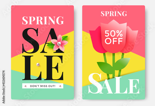 Spring Sale poster design with tulips. Vector illustration