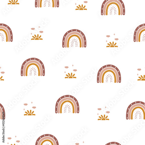 Seamless pattern with abstract rainbow and sun. Contemporary design for wallpaper and home decor. Modern vector illustration in boho style.