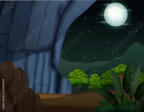 A cave entrance at night illustration