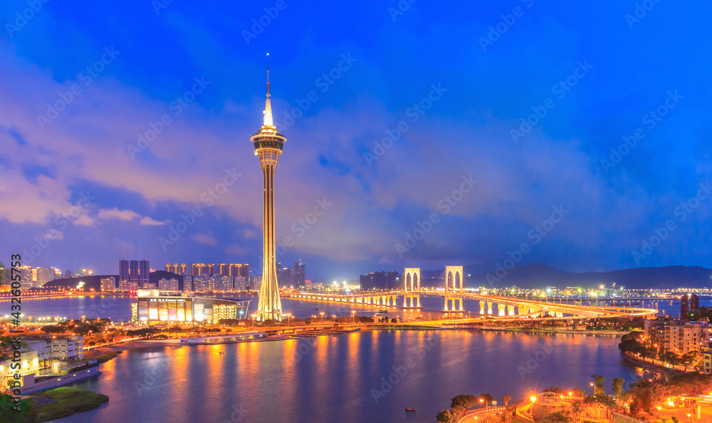 Macao Landmark Twilight Night Cityscape