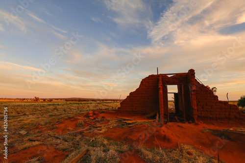Unusual landscape image of country scene with lone tree in field framed by ruins of abandoned mud brick house at sunset