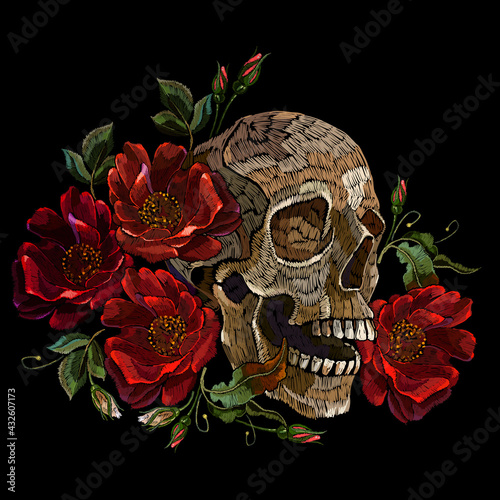 Embroidery human skull and red roses flowers. Dark gothic art. Halloween art. Medieval style. Fashion clothes template and t-shirt design