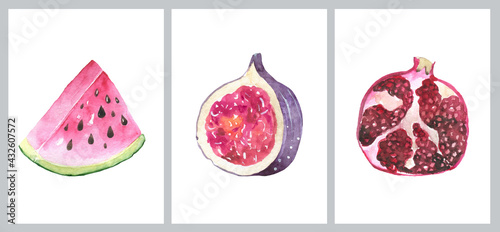 Set of colorful cartoon fruit icons: apple, pear, strawberry, orange, peach, plum, banana, watermelon, pineapple, papaya, grapes, cherry, fig