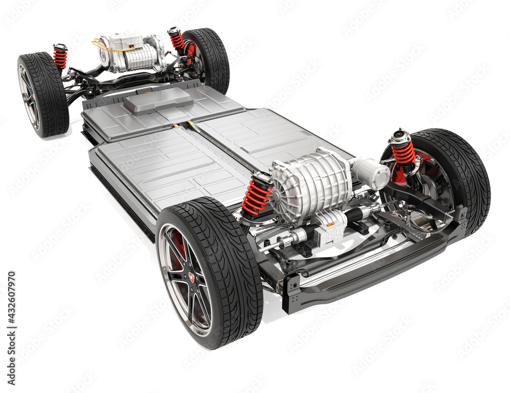 Electric Vehicle's chassis with dual motors and battery system isolated on white background. 3D rendering image. - obrazy, fototapety, plakaty 