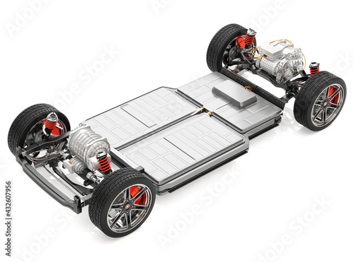 Obraz na plátne Electric Vehicle's chassis with dual motors and battery system isolated on white background
