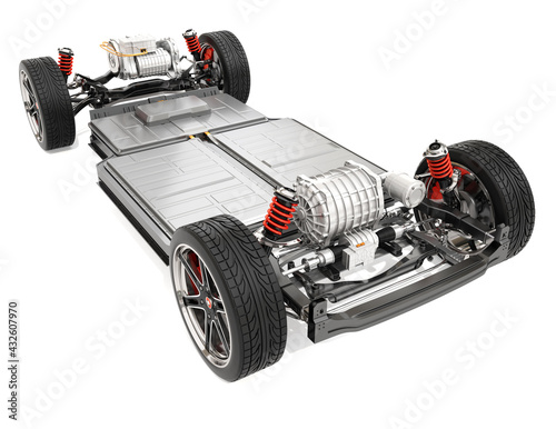 Electric Vehicle's chassis with dual motors and battery system isolated on white background. 3D rendering image. photo