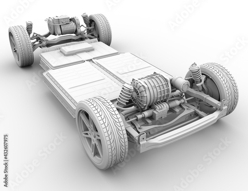 Clay rendering of Electric Vehicle's chassis with dual motors and battery system. 3D rendering image.