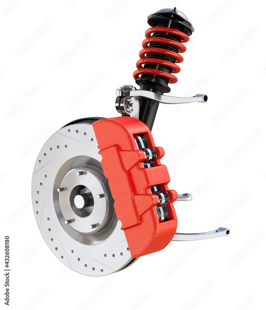 Car suspension and disk brake isolated on white background. 3D rendering image. - obrazy, fototapety, plakaty 
