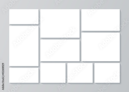 Photo collage grid. Moodboard template. Vector. Mood board design. Mosaic frame banner. Branding presentation. Photography album layout. Pictures isolated on gray background. Simple illustration