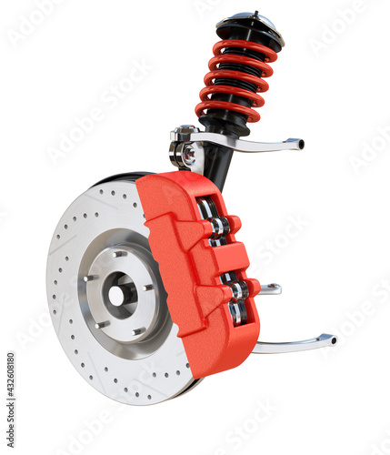 Car suspension and disk brake isolated on white background. 3D rendering image.