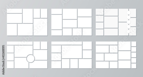 Collage template. Moodboard grid. Vector. Set mood boards. Frame banner with photo pictures. Mosaic backgrounds. Photography album layout. Presentation mockup. Minimalist illustration