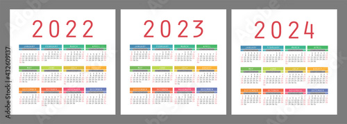 Calendar 2022, 2023 and 2024 years. English colorful vector set. Square wall or pocket calender template. Design collection. New year. Week starts on Sunday