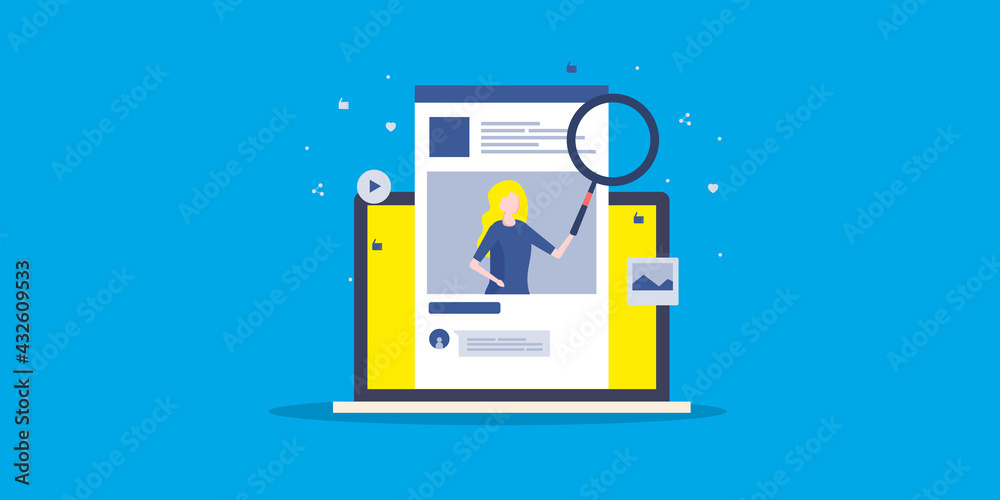 SEO social media concept. Social media post on laptop screen with woman holding magnifying glass, SEO strategy. Web banner template with blue background. SEO social media concept. Social media post on laptop screen with woman holding magnifying glass, SEO strategy. Web banner template with blue background.