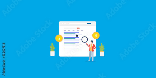 SEO cost calculation, budget for website SEO service. Businessman spending money on seo ranking development and ppc ad campaign. Web banner template with blue background.