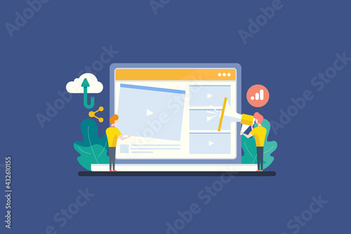 Video channel subscription, uploading new video on social media, viral video marketing, teamwork, cloud networking concept. Flat banner template.