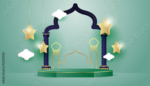 Islamic 3d vector podium for product display sale banner with crescent moon and Islamic decorations.