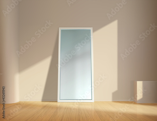 Realistic mirror. Empty room with square reflective glass frame leans on wall. Minimalist interior furnishing. Wooden floor in apartment. Light falling from window. Vector 3D furniture