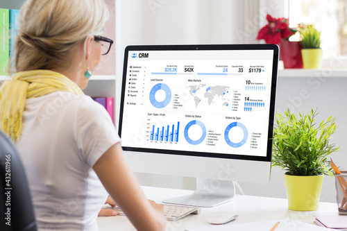 Woman working in office with a computer with different graphs, charts and infographics on screen