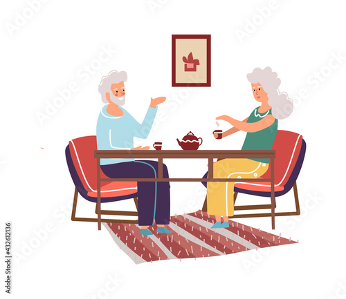 Elderly couple spending time together. Cartoon old characters resting in cafe. Senior man and woman drinking tea. Family sitting at table and talking. Vector grandparents conversation