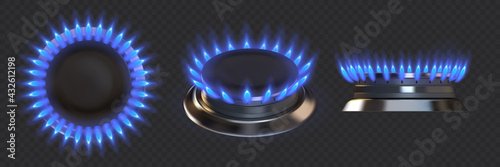 Gas burner. Realistic blue fire stove. Kitchen appliance flame for cooking food. Top and side view of burning blaze on transparent background. Vector oven heating with propane fuel