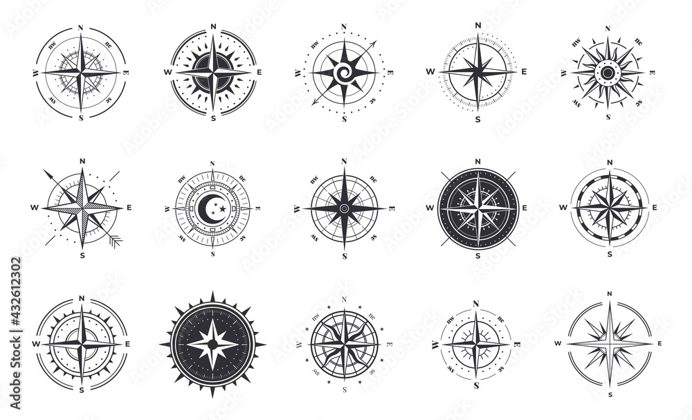 Wind rose. Compass signs. Nautical instruments for north orientation. Black and white contour cartographic symbols. Silhouettes of navigational equipment. Vector map icons with arrows