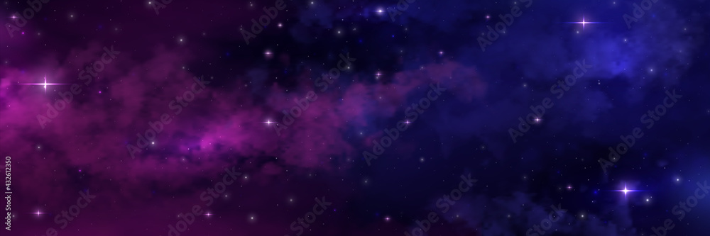 Night sky. Universe space background. Starry heaven with milky way and nebulas. Scenic view of stars and constellation. Decorative cosmic wallpaper with color gradient. Vector astronomy