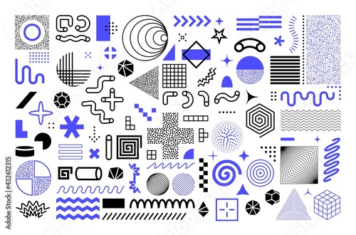 Memphis geometric shapes. Abstract graphic figures. Minimal contour flat style forms set from lines and dots. Purple silhouettes or black concentric circles. Vector modern background