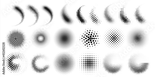 Halftone gradient spray. Dots and circles half tone graphic elements. Black points round shapes or curved smears. Comic pop art decorative effects set. Vector abstract geometric spots photo