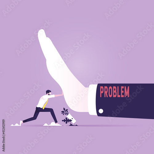Business obstacles vector concept, Small businessman pushing big hand, Small business fights against strong opponent 
