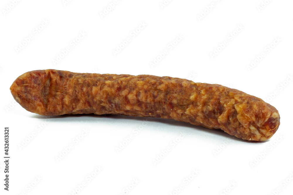 Tasty single pork sausage, smoked meat german food, isolated object on white background Tasty single pork sausage, smoked meat german food, isolated object on white background