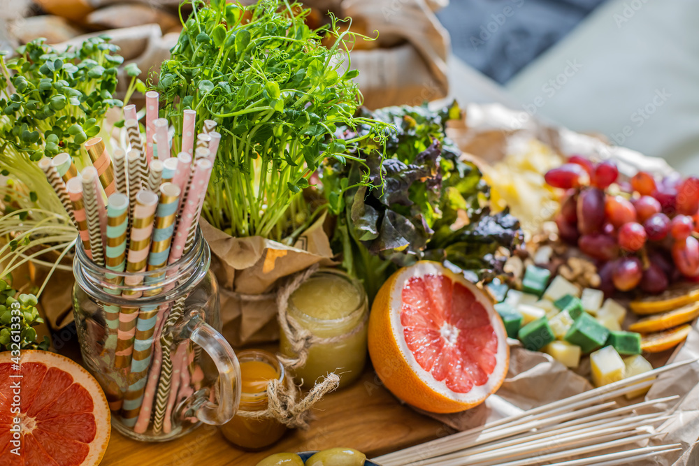 Fototapeta premium Close up table serve vegetarian food and drink preparing for birthday party or celebrating holiday