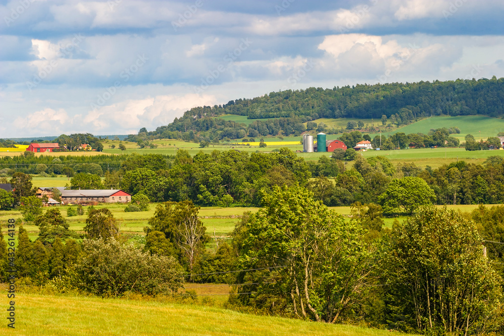 Countryside view with farms and fields in a beautiful landscape