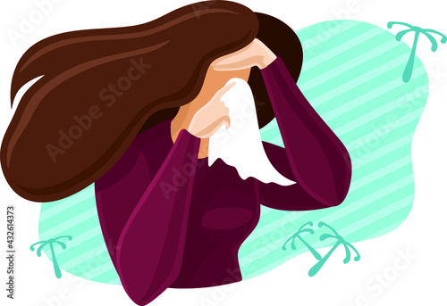 Cold runny nose allergic woman. World asthma day. Allergy, allergic. Rhinitis infection. Flat vector illustration concept. Woman blows her nose in a handkerchief. Bronchial asthma. Common cold. Flu
