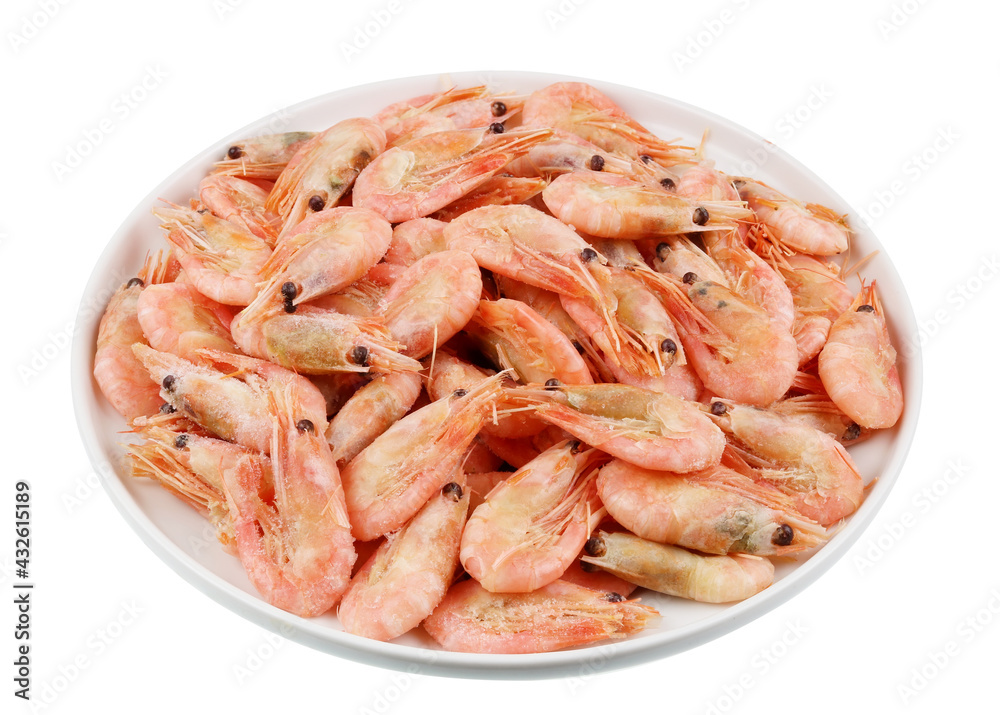 Plate with frozen small Norwegian prawns shrimps isolated Plate with frozen small Norwegian prawns shrimps isolated