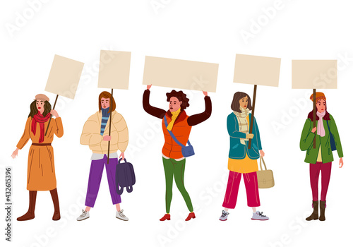 Collection of Protesters crowd woman holding empty banners. Activists protesting, political meeting, strike human rights. Vector illustration isolated