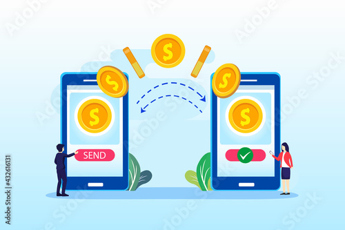 Online transaction, transfer, payment money, mobile banking technology. Flat vector template Style Suitable for Web Landing Page, Background.