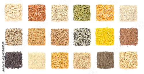 Collection of dry organic cereal and grain seeds in square shape on white background, for healthy food ingredient or agricultural product concept