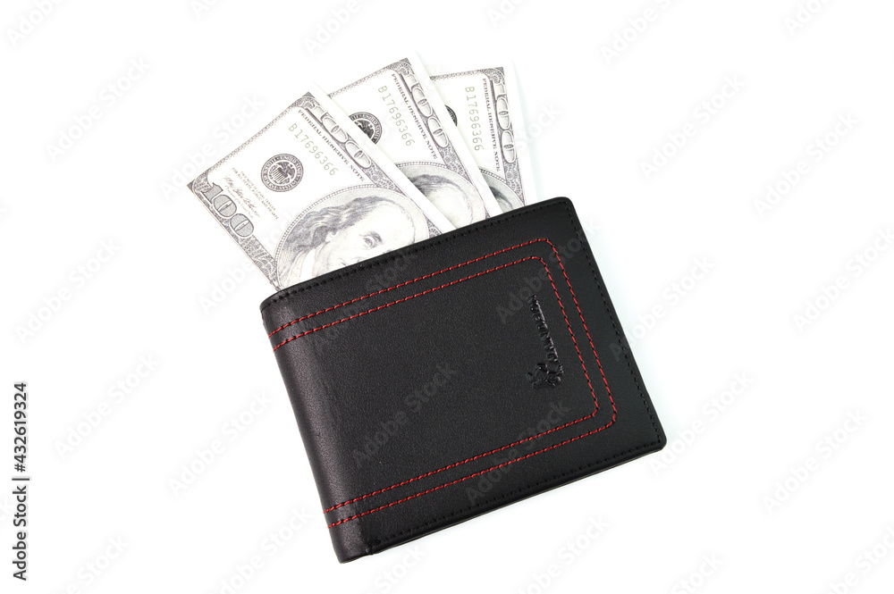 Klang, Malaysia: May 6, 2021-Wallet and money banknotes isolated on a white background Klang, Malaysia: May 6, 2021-Wallet and money banknotes isolated on a white background