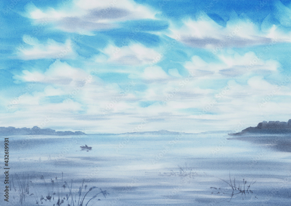 Hand painted watercolor landscape with clouds and a lake
