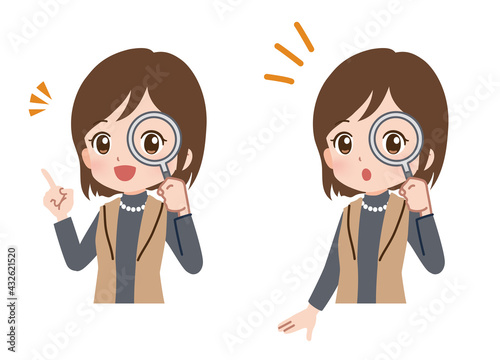 虫眼鏡で調べる女性のイラスト