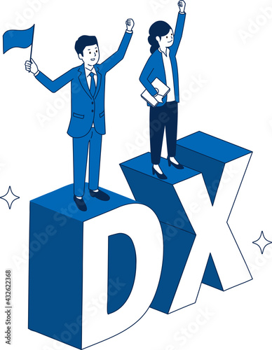 DXの文字の上に立つビジネスパーソン、3Dイラスト、ベクターイラストレーション