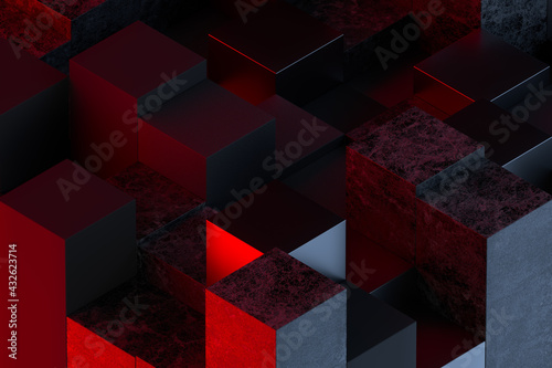 Abstract 3d rendering of geometric shapes. Composition with squares. Cube design. Modern background, with red and blue light. (ID: 432623714)