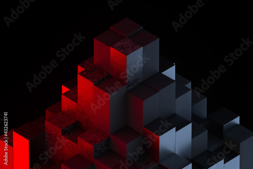 Abstract 3d rendering of geometric shapes. Composition with squares. Cube design. Modern background, with red and blue light. (ID: 432623741)