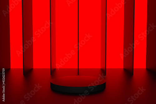 Black podium or pedestal display on red background with cylinder stand concept. Blank product shelf standing backdrop. 3D rendering. (ID: 432623759)