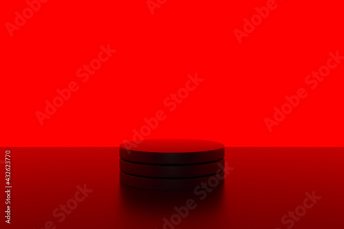 Black podium or pedestal display on red background with cylinder stand concept. Blank product shelf standing backdrop. 3D rendering. (ID: 432623770)